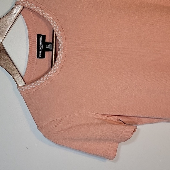 Pink Karl Lagerfeld knit t-shirt with white stitching detail on neckline. Small - Picture 3 of 8
